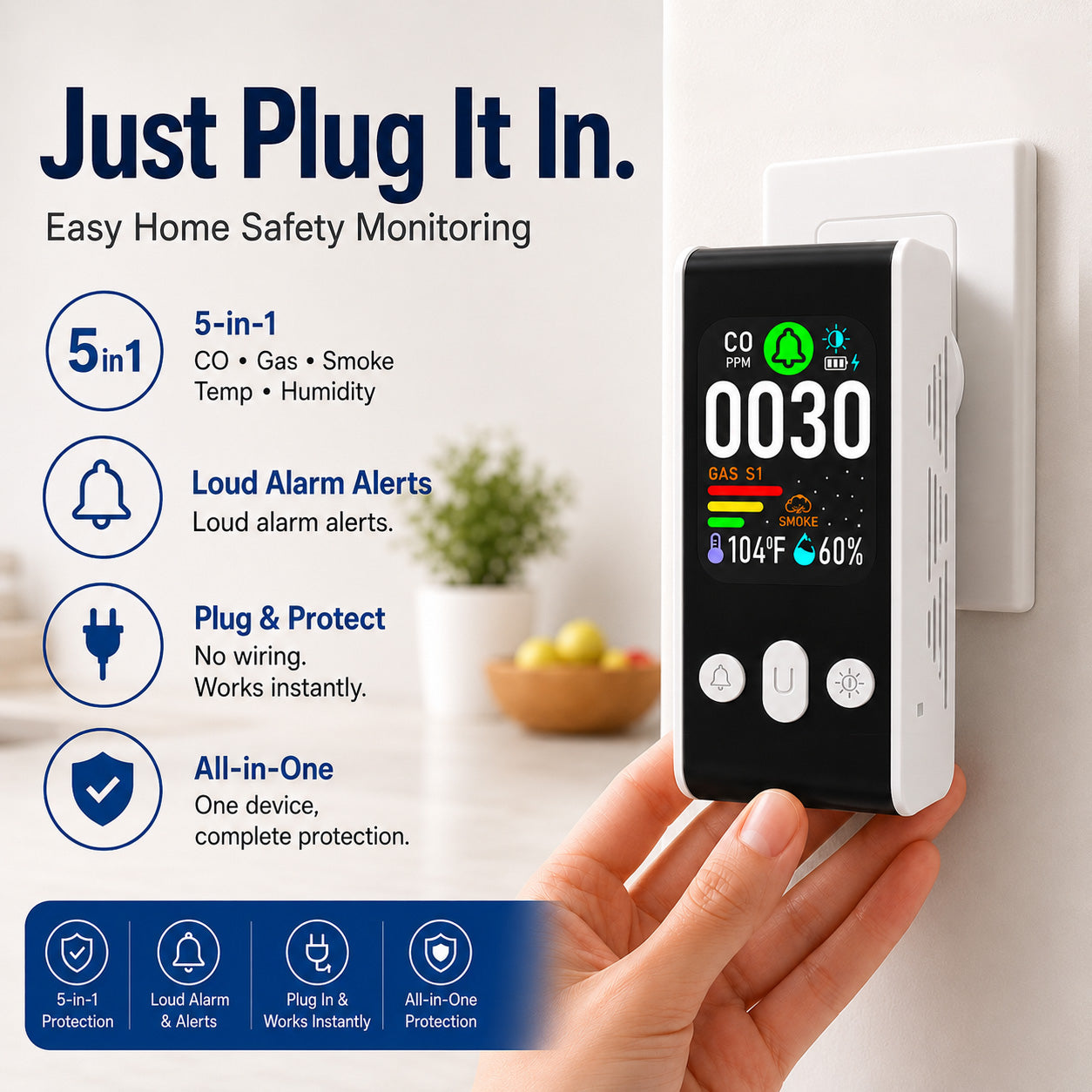 HomeRoam Safety PTH-253D 5-in-1 Plug-In CO, Gas & Smoke Monitor